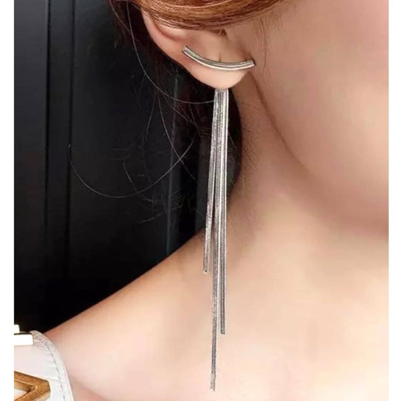 NEW Earrings Trendy T bar Front Back Tassel Post Jewelry Tbar silver JU23 - Picture 1 of 1